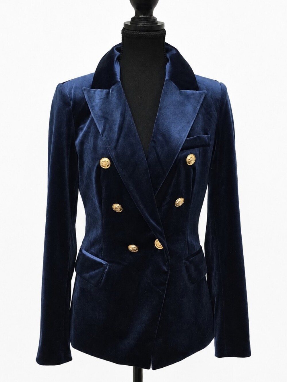Tailored Navy Velvet Double-Breasted Blazer with Gold Buttons